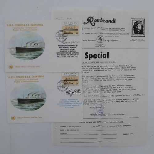 176A - Two signed stamped envelopes of The Titanic and Carpathia, one signed by daughter of daughter and gr... 