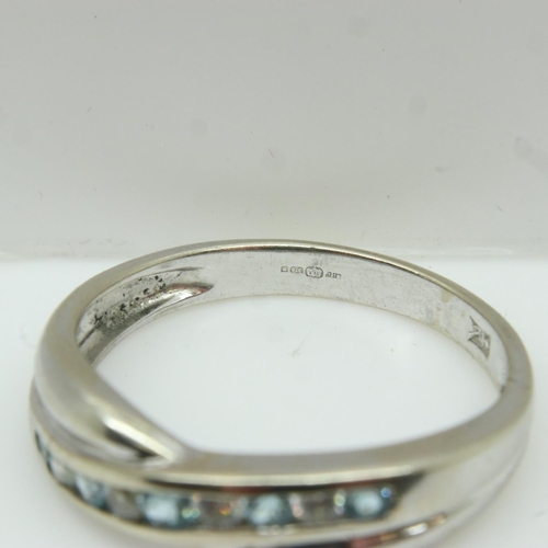 19 - 9ct white gold ring set with blue topaz and cubic zirconia, size O, 2.2g. UK P&P Group 0 (£6+VAT for... 