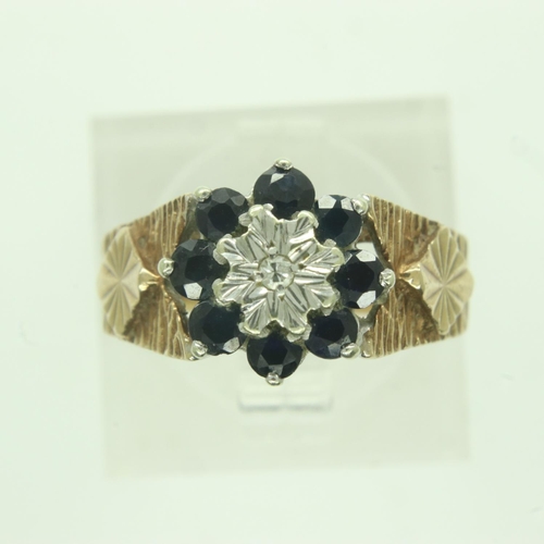 14 - 9ct gold cluster ring set with diamond and sapphires, size I/J, 3.6g. UK P&P Group 0 (£6+VAT for the... 
