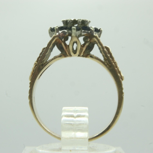 14 - 9ct gold cluster ring set with diamond and sapphires, size I/J, 3.6g. UK P&P Group 0 (£6+VAT for the... 