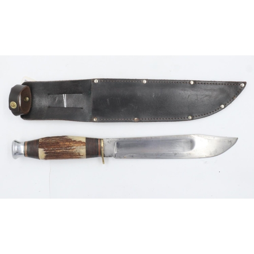 2011 - J Nowill & Sons antler handled Bowie knife with leather sheath, overall L: 33 cm, Blade 20 cm, estim... 