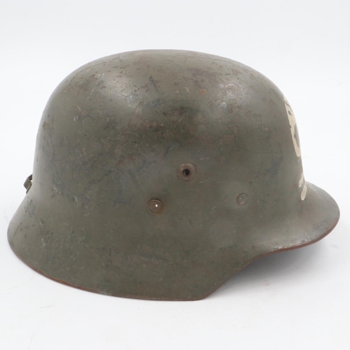 2082 - WWII Finnish Kev Os 4 “The White Death” helmet and liner with printed information. UK P&P Group 2 (£... 