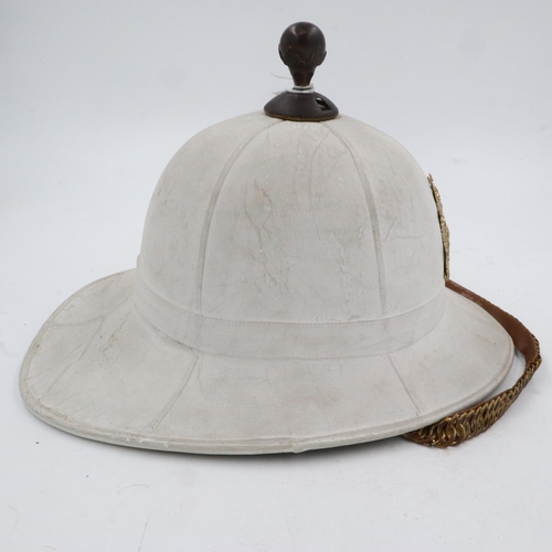 2088 - 1960 dated Royal Marines Band pith helmet. with liner, badge, chin strap and top pommel. UK P&P Grou... 