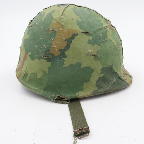 2092 - Post-WWII US M1 steel helmet, with liner and camouflage cover. UK P&P Group 2 (£20+VAT for the first... 