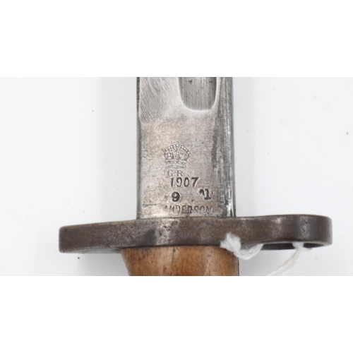 2116 - British WWI M1907 Sanderson bayonet, with metal mounted leather scabbard marked for Bussey & Co. UK ... 