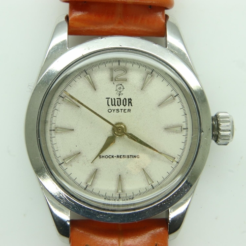 62 - TUDOR: midi Oyster automatic wristwatch, steel cased with silvered dial on replacement leather strap... 