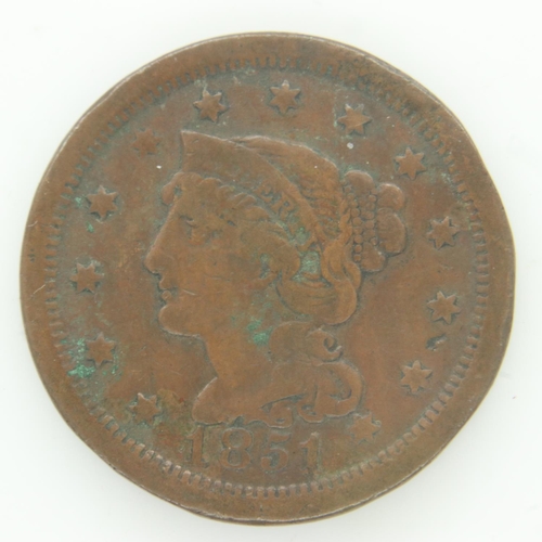 122 - 1851 colonial USA large cent - aVF grade. UK P&P Group 0 (£6+VAT for the first lot and £1+VAT for su... 