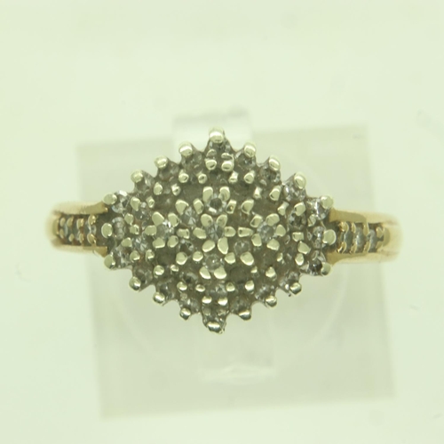 15 - 9ct gold diamond set cluster ring, size M, 3.4g. UK P&P Group 0 (£6+VAT for the first lot and £1+VAT... 