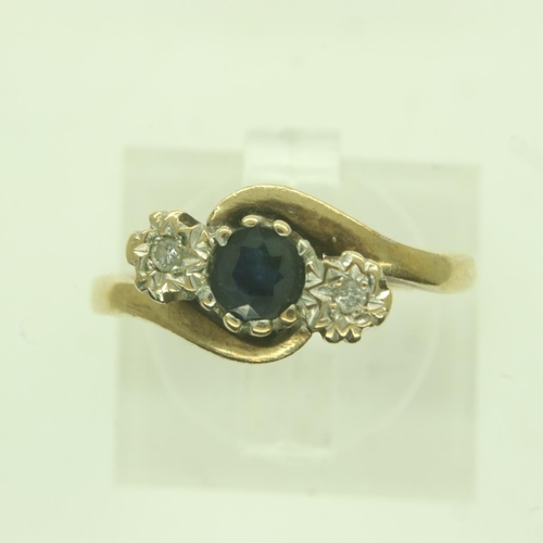 26 - 9ct gold trilogy ring set with sapphire and diamonds, size K/L, 2.4g. UK P&P Group 0 (£6+VAT for the... 