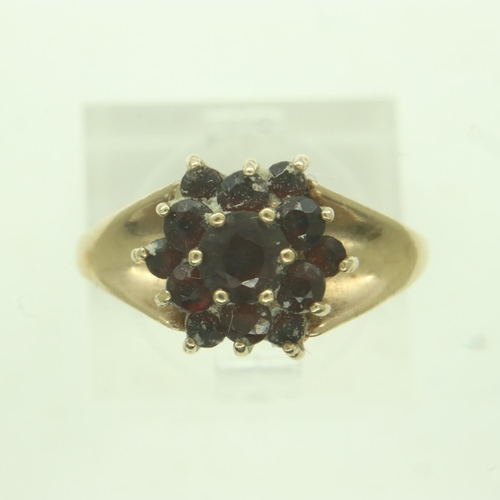 5 - 9ct gold cluster ring set with garnets, size N, 3.0g. UK P&P Group 0 (£6+VAT for the first lot and £... 