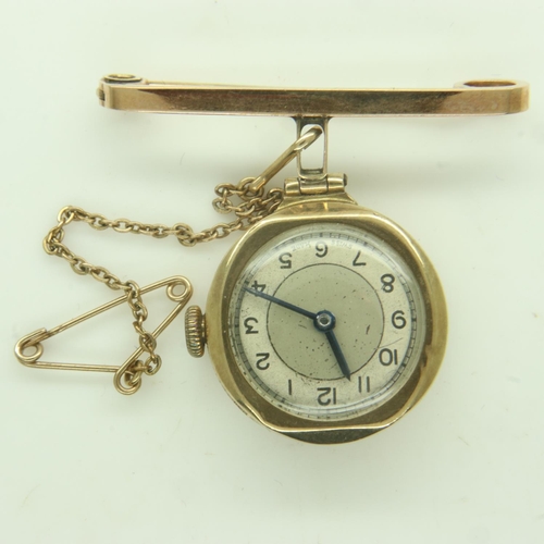 56 - BERNEX: 9ct gold cased ladies nurses watch, brooch mount and safety chain, 10.4g. UK P&P Group 1 (£1... 