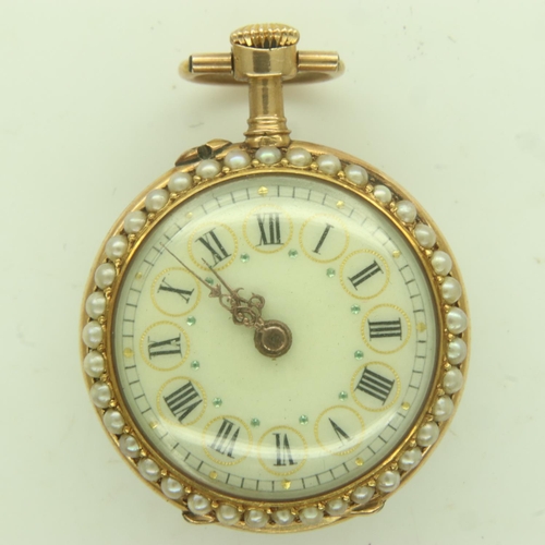 61 - LE COULTRE: a French gold open face fob watch, the stone-set enamel dial having Roman chapters, the ... 