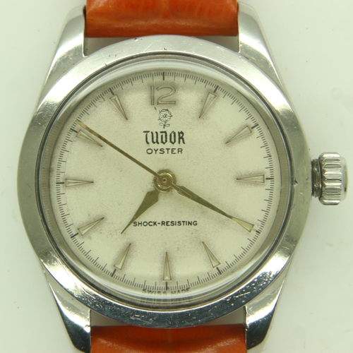 62 - TUDOR: midi Oyster automatic wristwatch, steel cased with silvered dial on replacement leather strap... 