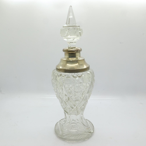 72 - London hallmarked silver mounted cut glass perfume bottle with stopper, H: 21cm. UK P&P Group 2 (£20... 