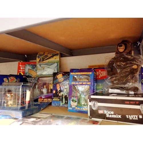 1037 - Shelf of Lego/Top Trump cards and Space Precinct/Star Trek and other figures loose and boxed. Not av... 