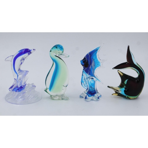 245 - Three glass fish and a duck, H: 16 cm, chip to one fish base, angel fish fin chipped. UK P&P Group 2... 