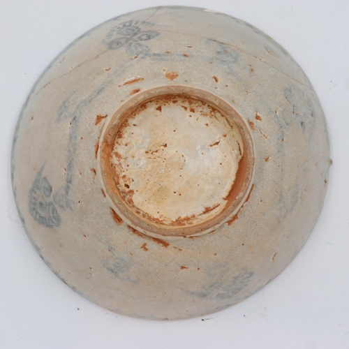 264 - Early Ming dynasty glazed blue and white footed bowl, some cracks and repairs, D: 14 cm. UK P&P Grou... 