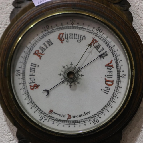 278 - Oak framed aneroid barometer thermometer, H: 100 cm. Not available for in-house P&P