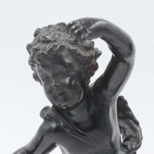 308 - A pair of bronze putti figures, unsigned, raised on marble socle bases, each H: 24 cm. UK P&P Group ... 