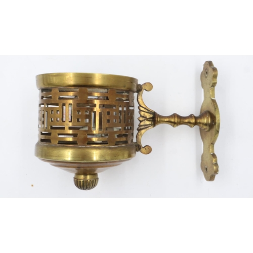 2062 - An early 20th century brass wall mounting oil lamp, with white glass shade and chimney, H: 50 cm. No... 