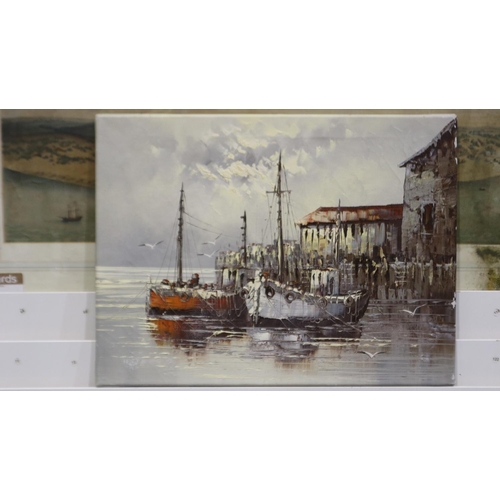 2026 - In the manner of Paolo Stirrat (Sardinian, 20th century): oil on canvas, boats at dock, indistinctly... 