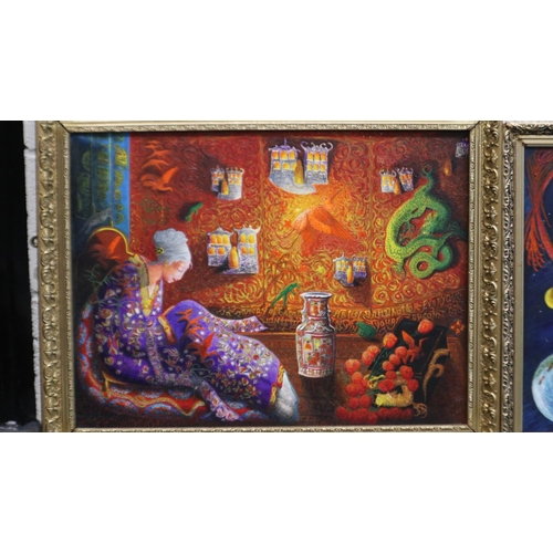 2031 - Two 20th century Eastern inspired oils on canvas, interior scene and mythical dragon, largest 60 x 4... 