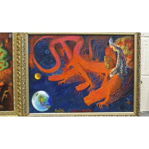 2031 - Two 20th century Eastern inspired oils on canvas, interior scene and mythical dragon, largest 60 x 4... 