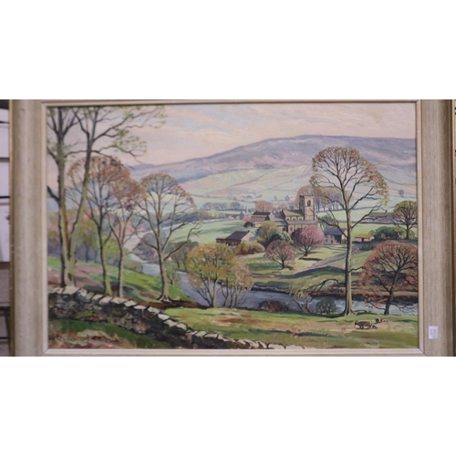 2034 - Walter Cecil Horsnell (1911-1997): oil on board, rural landscape with church and farm buildings, 75 ... 