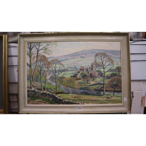 2034 - Walter Cecil Horsnell (1911-1997): oil on board, rural landscape with church and farm buildings, 75 ... 