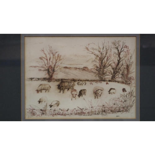 2036 - Ruth M Cherry (20th century): pen & ink with watercolour wash, Storm Clouds over Drayton, artists la... 