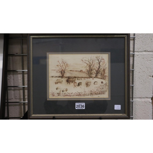 2036 - Ruth M Cherry (20th century): pen & ink with watercolour wash, Storm Clouds over Drayton, artists la... 