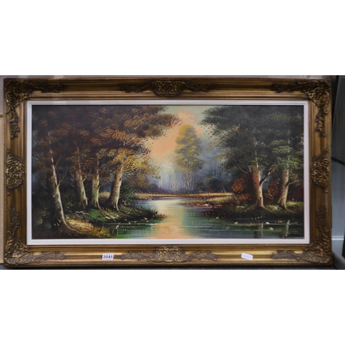 2045 - A large 20th century oil on canvas, river scene, unsigned, 99 x 38 cm. Not available for in-house P&... 