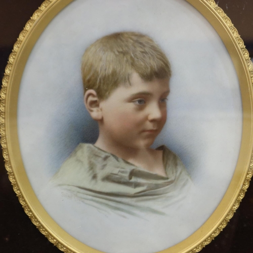 2046 - 19th century KPM style oval porcelain plaque, portrait of a young boy, signature faded (Stuart P???)... 