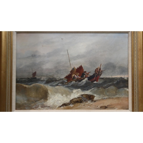 2049 - After Alfred Montague (1832-1883): oil on board, Fisher-folk putting out in a choppy sea, label vers... 