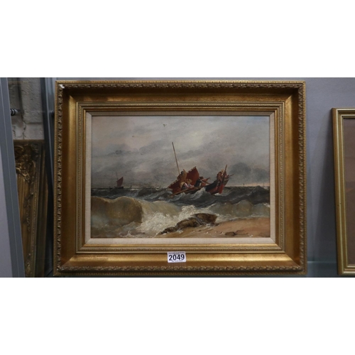 2049 - After Alfred Montague (1832-1883): oil on board, Fisher-folk putting out in a choppy sea, label vers... 