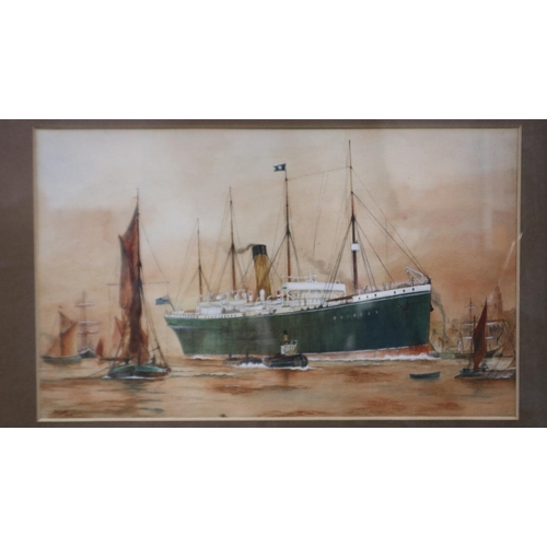 2050 - An early 20th century watercolour, ocean liner coming to port, initialled RCJH and dated 1916, 36 x ... 