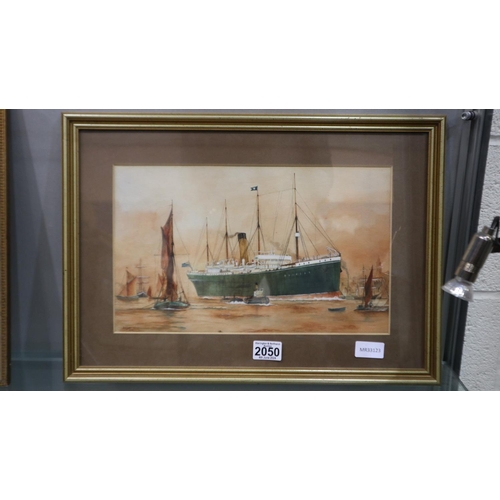 2050 - An early 20th century watercolour, ocean liner coming to port, initialled RCJH and dated 1916, 36 x ... 