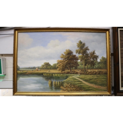 2051 - P Wilson (contemporary): oil on canvas, haymaking beside a riverbank, 90 x 60 cm. Not available for ... 