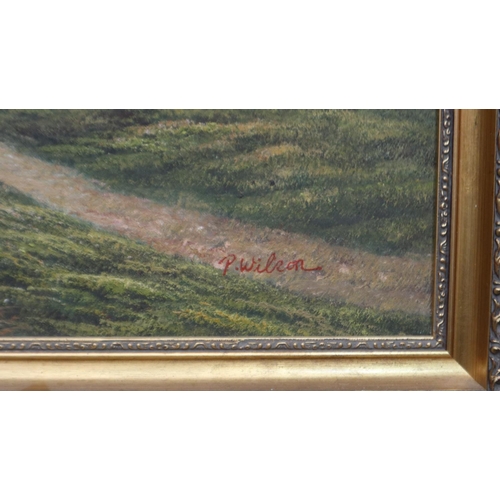 2051 - P Wilson (contemporary): oil on canvas, haymaking beside a riverbank, 90 x 60 cm. Not available for ... 