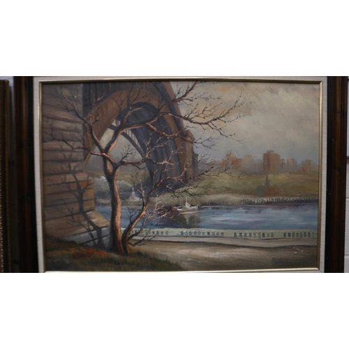 2053 - A large modern oil on board, bridge over a river, signed Kaloff, 87 x 60 cm. Not available for in-ho... 