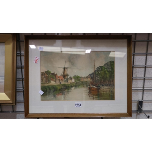 2054 - ***WITHDRAWN*** Louis Burleigh Bruhl (1861-1942): colour lithograph, a view of a Dutch canal, 43 x 2... 