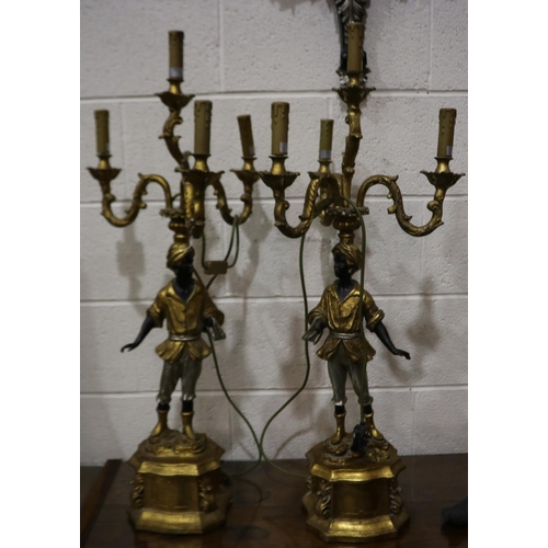 2063 - A pair of 20th century carved wood blackamoor table lamps, each figure supporting a four-sconce elec... 