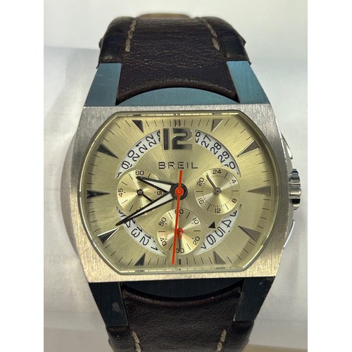 90 - BREIL: gents steel cased dress watch, leather strap with deployment clasp, requires battery, leather... 