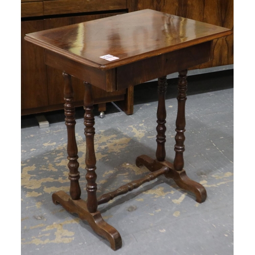 2080 - 19th century walnut, single drawer work table, with quartered veneer, turned supports and stretcher,... 