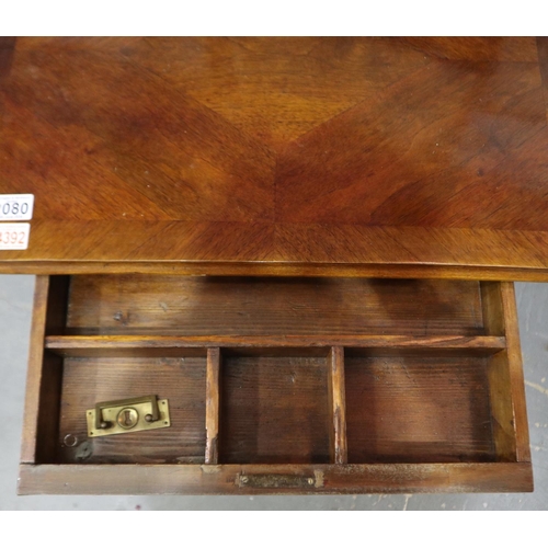 2080 - 19th century walnut, single drawer work table, with quartered veneer, turned supports and stretcher,... 