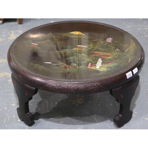 2087 - A mid 20th century Oriental centre table, top painted and inlaid with mother of pearl D:75 H:32cm so... 