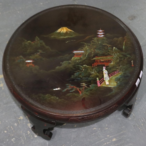 2087 - A mid 20th century Oriental centre table, top painted and inlaid with mother of pearl D:75 H:32cm so... 