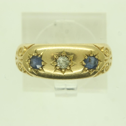 22 - Victorian Chester hallmarked 18ct gold trilogy ring set with diamond and sapphires, size J/K, 3.2g. ... 