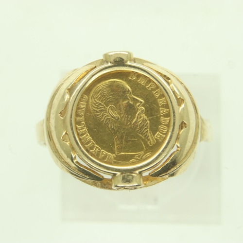 30 - A 14ct gold ring, set with a 22ct gold Mexican traditional wedding token dated 1865, shank mis-shape... 