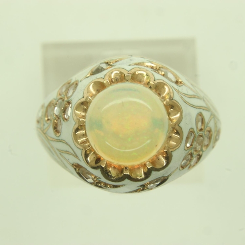 44 - 18ct gold enamelled ring, set with rose cut diamonds and a large cabochon opal, size N, unmarked, 7.... 